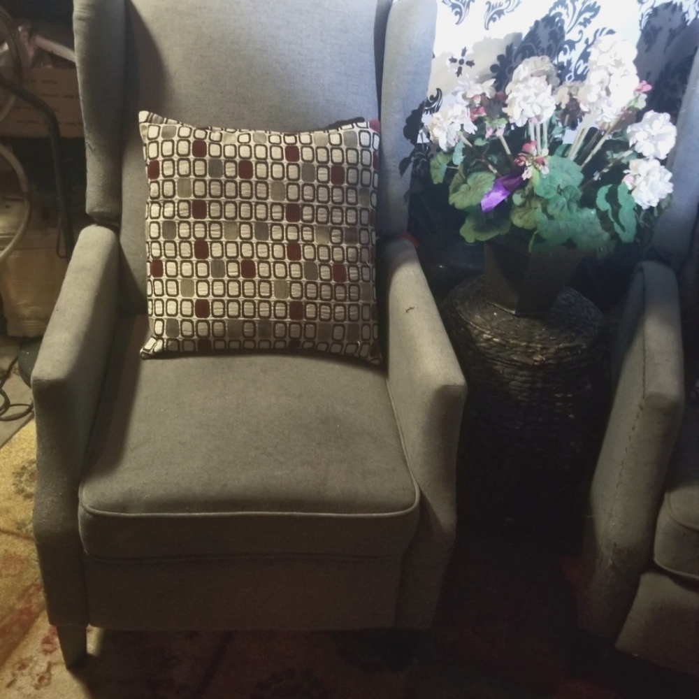 Wingback relining chairs with thumbnail accents in charcoal grey tweed - Picture 2 of 6